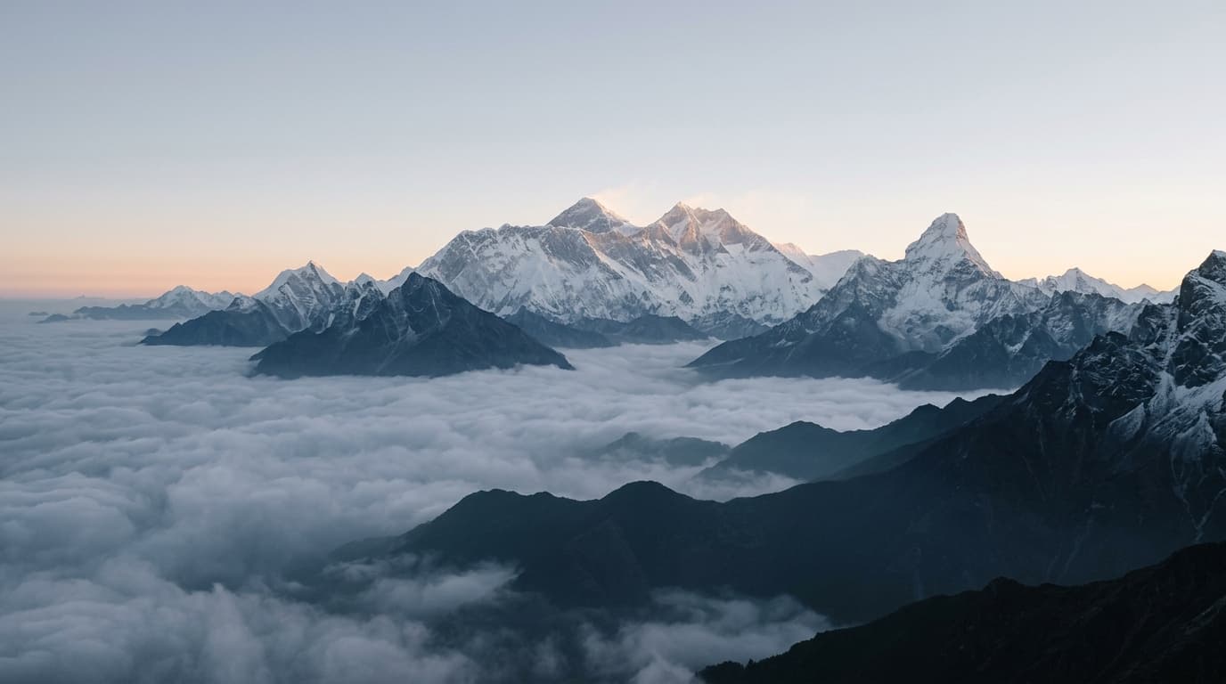 Himalayan mountain range above clouds at sunrise