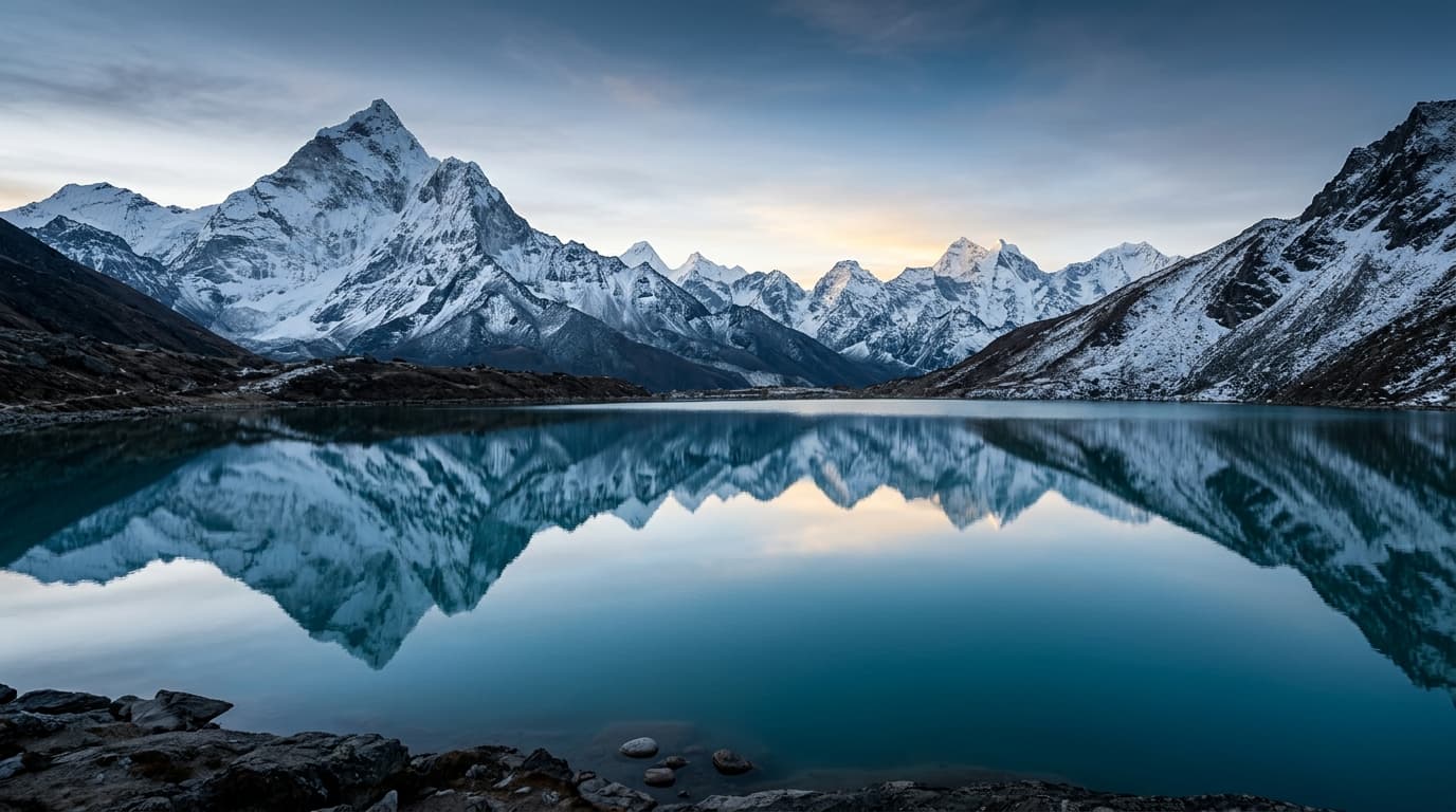 Mirror-like Himalayan glacial mountain lake at dawn