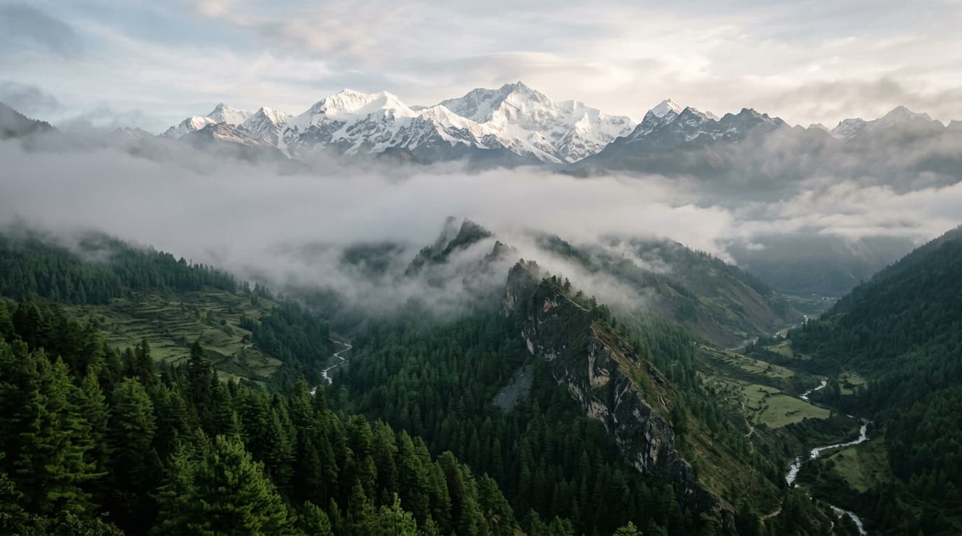 Untouched Himalayan mountain valley with pine forest mist