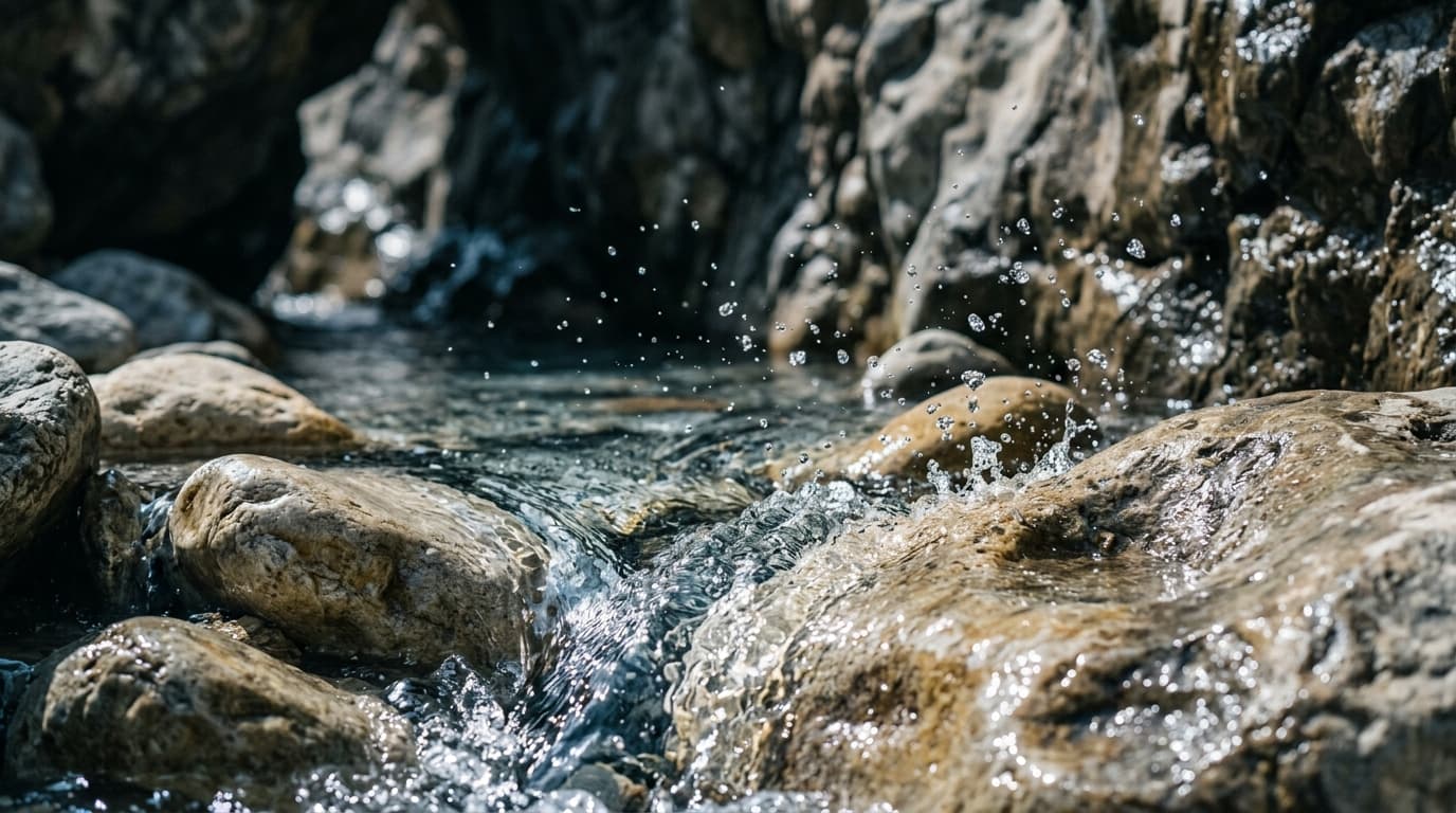 Subterranean spring water flowing over sandstone rocks