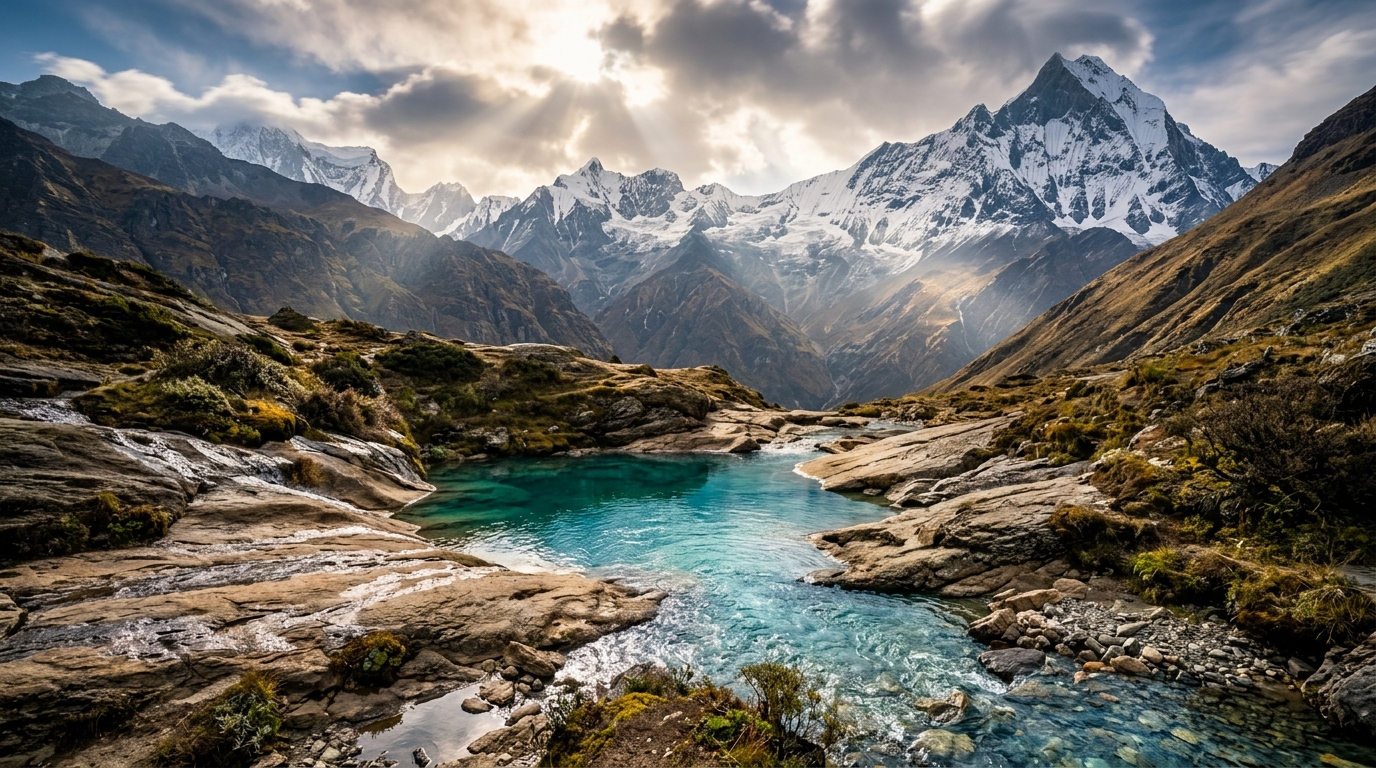 Himalayan mountain peak and pristine turquoise water source
