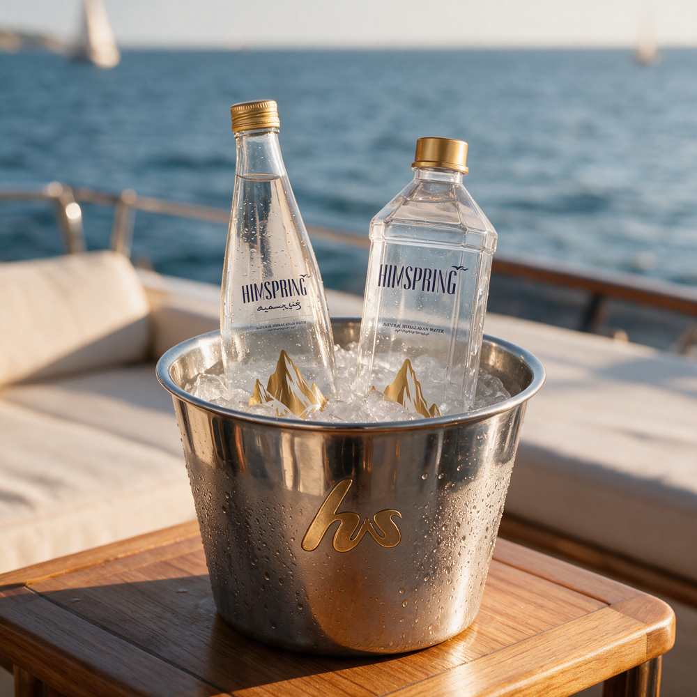 Himspring glass and PET bottles in an engraved silver ice bucket on a yacht deck