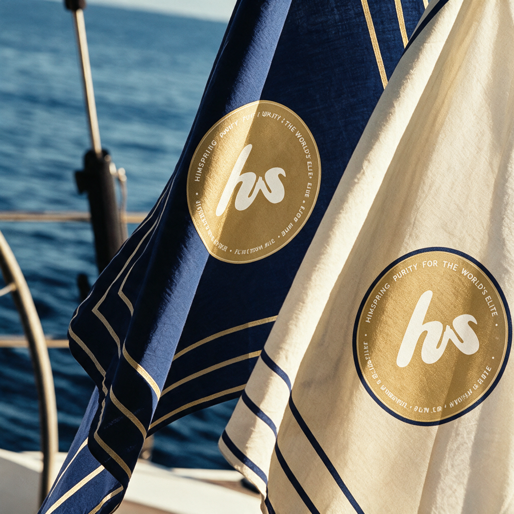 Flags carrying the Himspring emblem aboard a sailing yacht