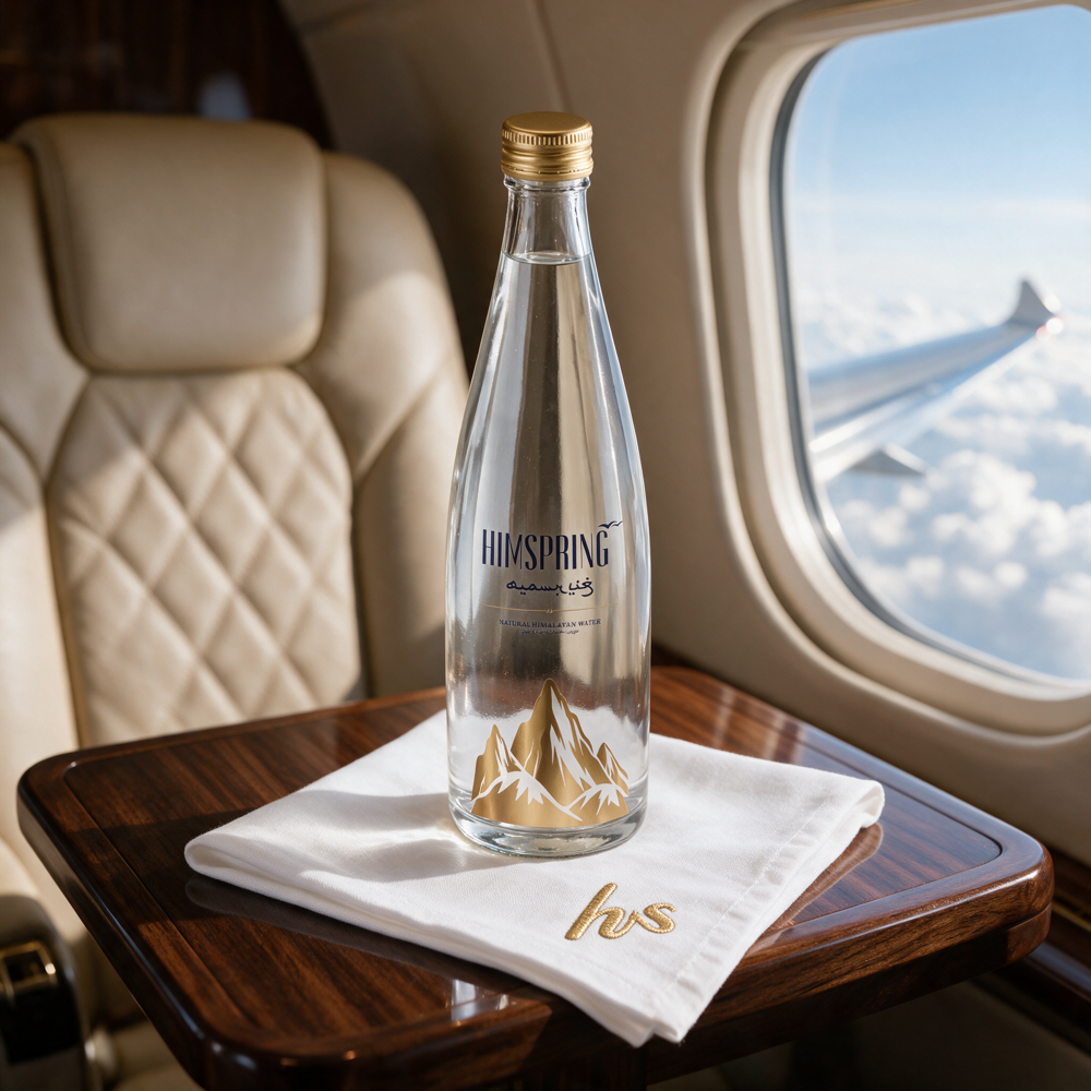 A Himspring bottle on a monogrammed linen napkin in a private jet cabin