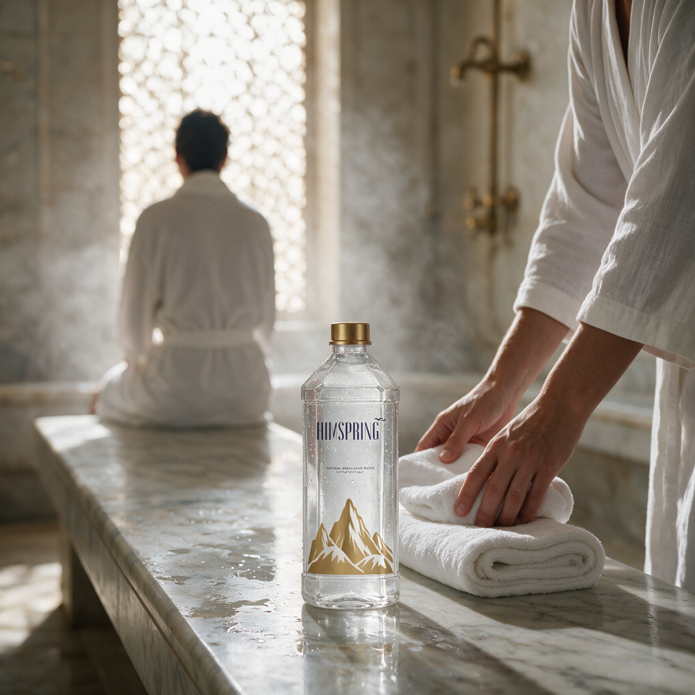 A Himspring bottle on a marble bench in a hammam, an attendant setting down towels