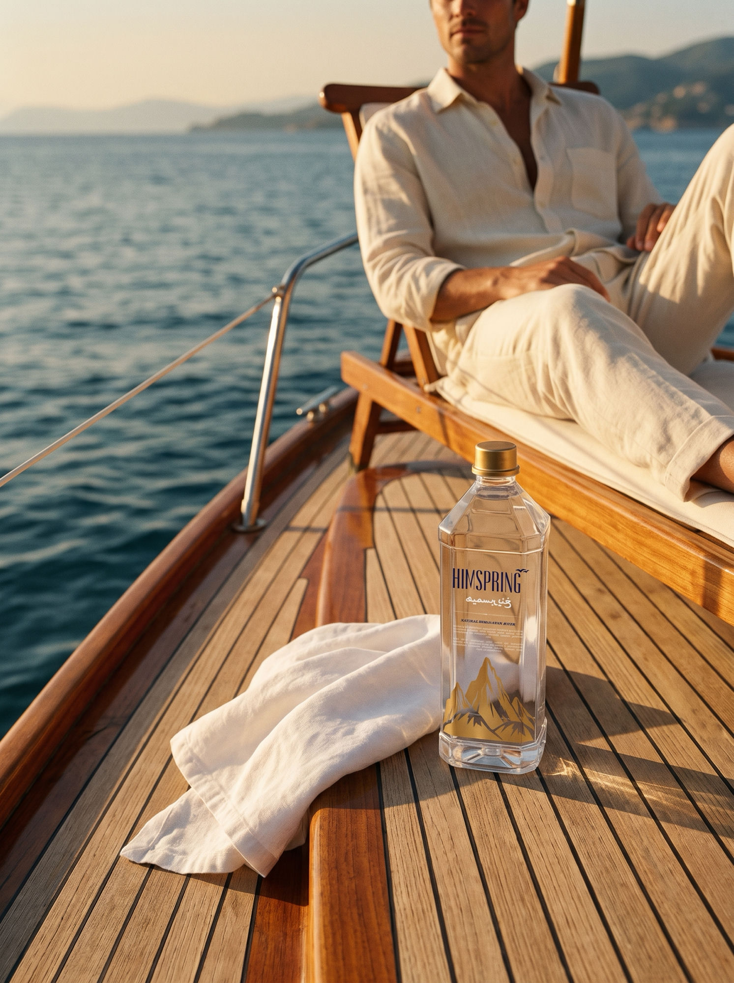 Himspring bottle and white towel on a teak yacht deck at golden hour