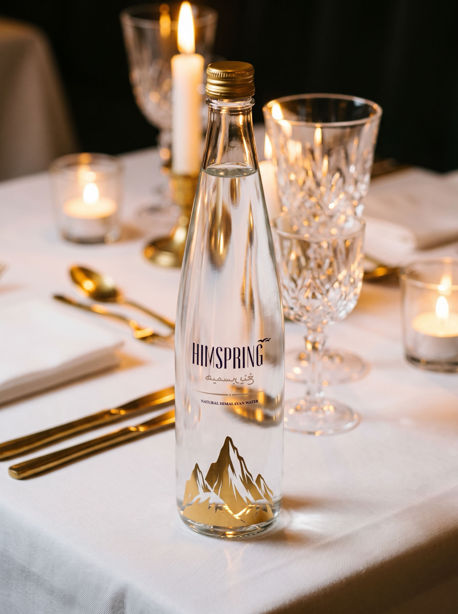 Himspring bottle on a candlelit fine dining table