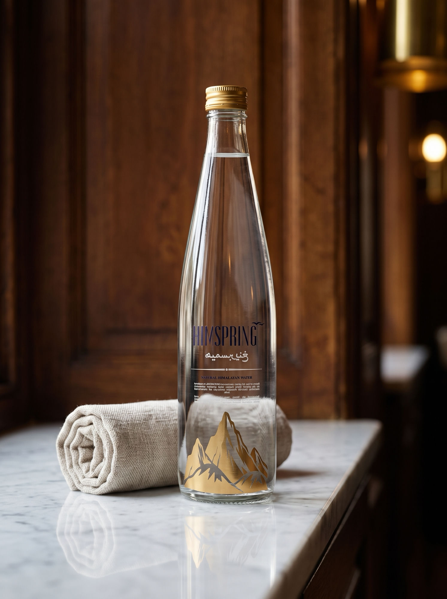 Himspring bottle beside rolled linen on a marble ledge